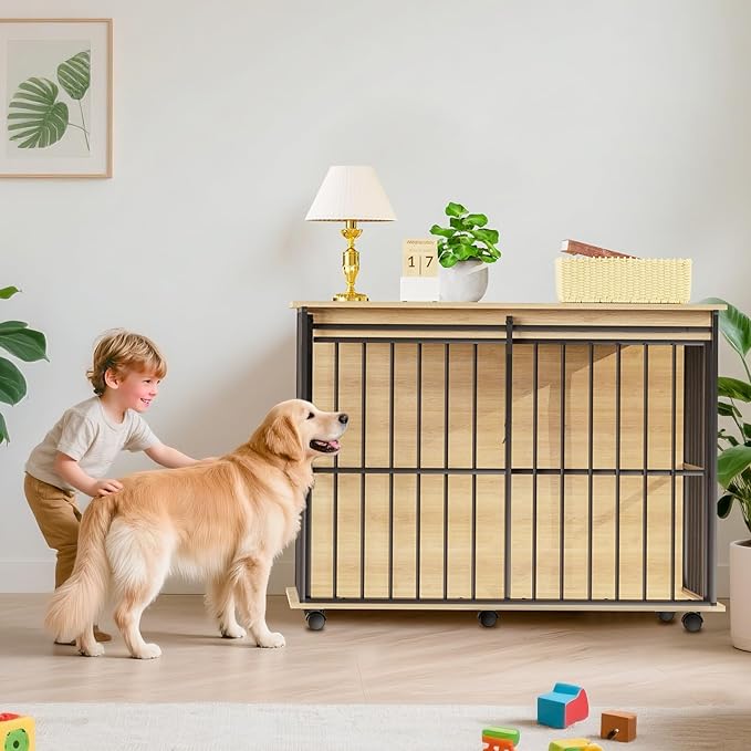 43.7" Dog Crate Furniture, XL Dog Crate Dog Kennel Indoor with Wheels for Large Medium Small Dogs, Wooden Dog Kennel End Table with Sliding Door Wooden Furniture Crates for Living Room, Bedroom