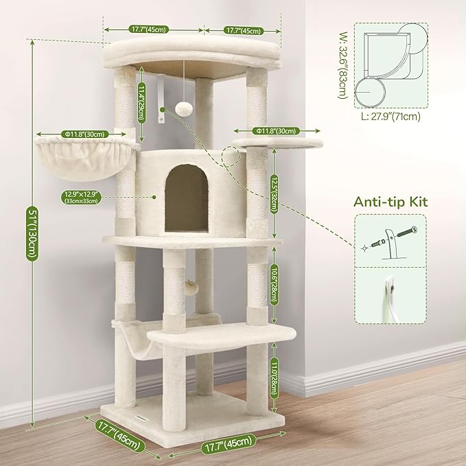 Globlazer Corner Cat Tree Tower with Scratching Post for Indoor Cats, 51in Plush Multi-Level Cat Tower with Large Hammock, Fan-Shaped Padded Perch, Spacious Cat Condo, Hanging Basket, C51, Light Beige