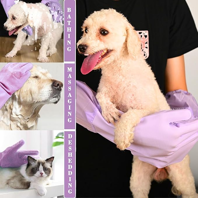 Dog Washing Gloves, Pet Grooming Gloves with Soft Brushes, Bathing and Massaging for Dogs and Cats, Silicone Heat Resistant Cleaning Gloves with High-Density Teeth (Purple)