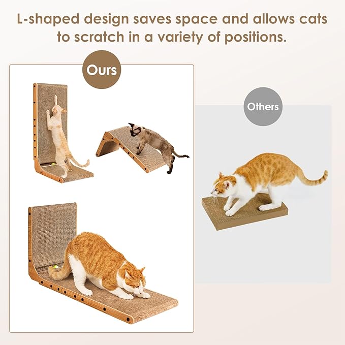 EHEYCIGA Cardboard Cat Scratcher for Indoor Cats, 26.8 Inch L Shaped Vertical Cat Scratching Board with Ball Cat Toy, Large Cat Scratcher Pad, Brown
