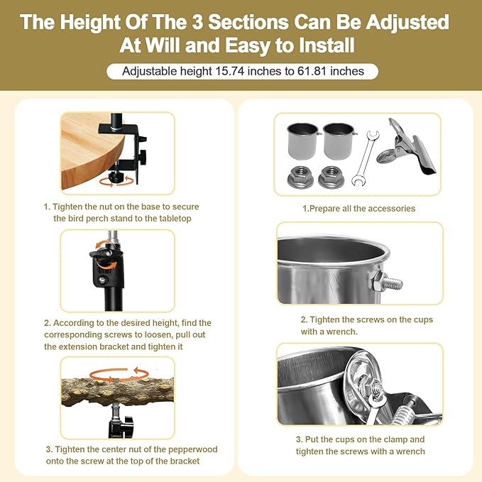 18-27 Inch Height Adjustable Bird Perch Pepper Wood Desktop Bird Training Perch Stand with Feeding Cups and Swing Toy Parakeet Perches Indoor and Outdoor Parrot Stand for Small to Medium Birds