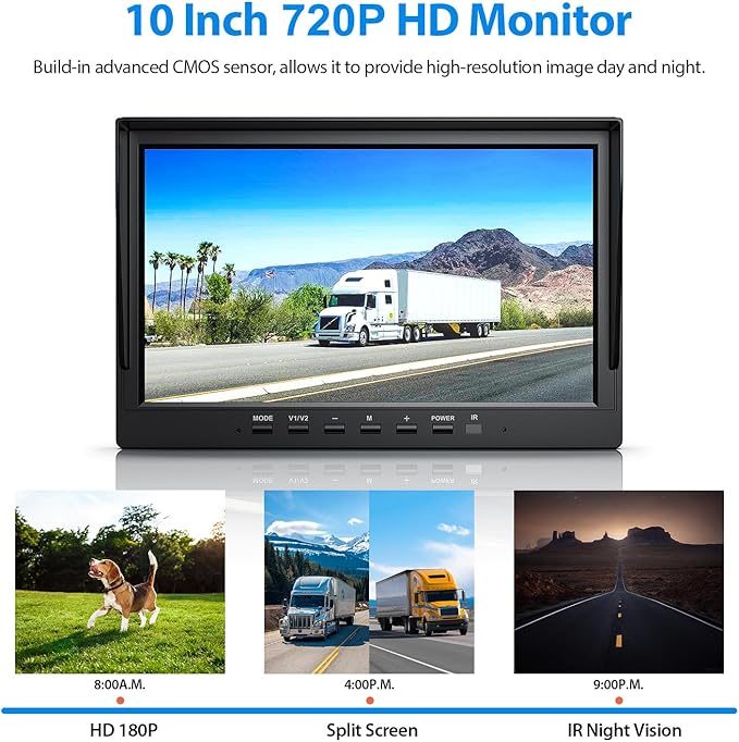 10" HD Backup Camera System Kit, Loop Recording Large Monitor with Wired Rear View Camera, IR Night Vision Waterproof Camera with Safe Parking Lines for Bus, Semi-Truck, Trailer, RV, BY102A