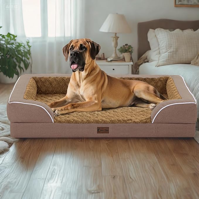 Orthopedic XXL Dog Bed for Extra Large Dogs, Waterproof Memory Foam Dogs Beds with Sides, Egg-Crate Foam and Non-Slip Bottom Big Dog Couch Bed with Washable Removable Cover(XX-Large,Brown)