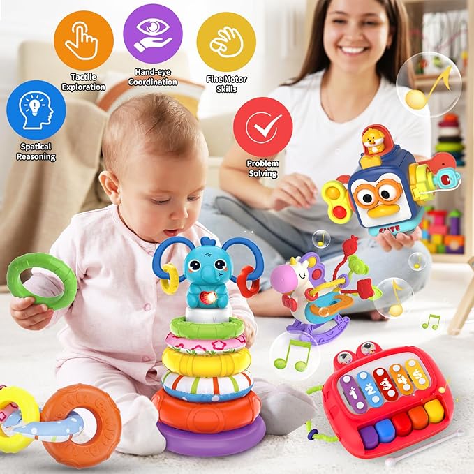 4 in 1 Baby Toys for 6 12 18 Month, Learning Toys for Babies 6-12 Months, Busy Cube, Stacking Sorter, Piano Xylophone Pull String Travel Toy, Birthday Gifts for Toddlers 1 2 Years Old