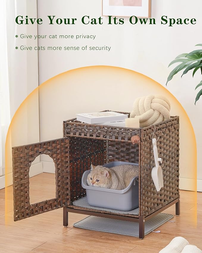 Cat Litter Box Enclosure Hidden Litter Box Furniture with Metal Heightened Feet, Rattan Handwoven Cat House with Litter Mat, Hidden Litter Box Furniture for Bedroom Living Room Brown