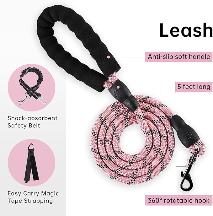 IVY&LANE No Pull Dog Harness for Large Dogs, Dog Vest Harness with Leash, Safety Belt and Storage Strap, Fully Adjustable Harness, 360° Reflective Strip, Soft Handle (Pink, XL)