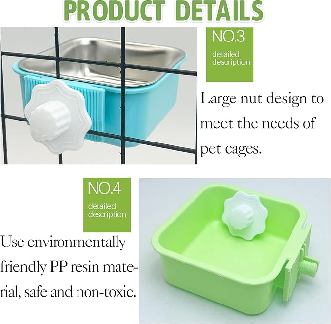 kathson Crate Dog Bowl, Removable Stainless Steel Hanging Pet Kennel Cage Bowl Food & Water Feeder Coop Cup for Puppy, Cat, Rabbit,Guinea Pigs 2pcs Square(Blue,Green)