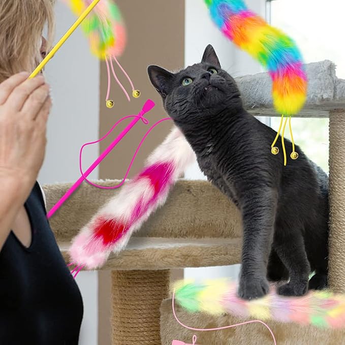 4 Pack Cat Wand Toy, Rainbow Cat Feather Toys with Bells, Teaser Wand with Soft Furry Tail, Interactive Toys for Indoor Cats & Kitten & Kitty