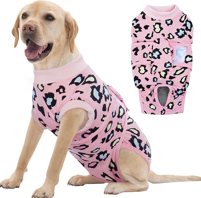 FUAMEY Recovery Suit for Dogs After Surgery,Soft Breathable Dog Bodysuit E-Collar & Cone Alternative Surgical Suit,Male Female Dog Neuter Spay Suits Anti Licking Wounds Onesie Pink Leopard XXL