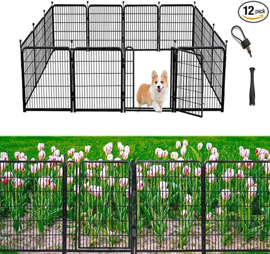 Garden Fencing 32 inch High, 12 Panels Total 26.6 Ft(L) Dog Fence Outdoor for Yard, Gate 21 Inches Wide with Low Sills. Fencing for Garden beds, Animal Barrier Fences, Rabbit Fence