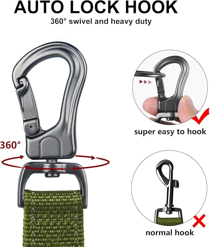 TwoEar 4FT 1IN Strong Green Dog Leash with 2 Padded Handles, Traffic Handle Extra Control, Comfortable Soft Dual Handle, Auto Lock Hook, Reflective Walking Lead for Small Medium and Large Dogs