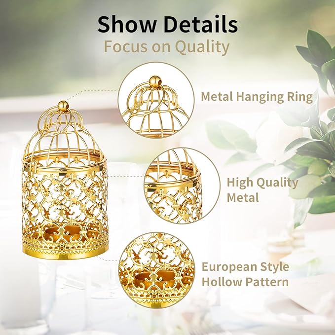 6 Pcs Small Metal Tealight Hanging Birdcage Lantern, Vintage Decorative Centerpieces of Wedding, Party, Gold