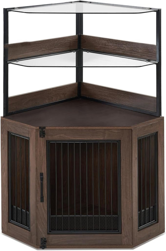 MCombo Small Corner Dog Crate Furniture with Glass Shelves, Wooden Dog Kennel Furniture with Door, Pet Crate Indoor Use, CN17 (Brown)