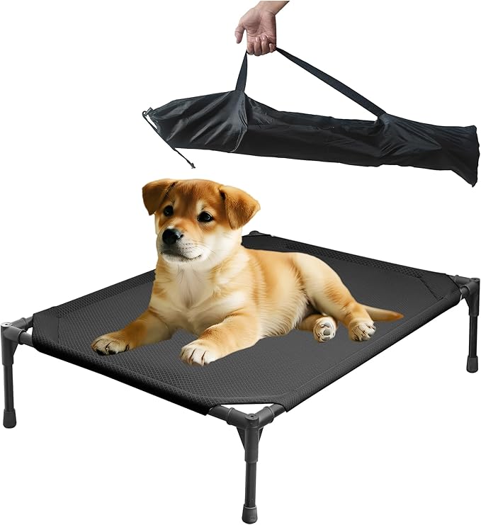 Soft Mesh Elevated Pet Bed for Large Medium Dogs Outdoor Resting Cot with Water-Resistant, Air-Permeable, Cooling and Anti-Skid Portable Dog Bed, Up to 60 lbs, 23.3“L x 17.6" W x 6.9" H, Black