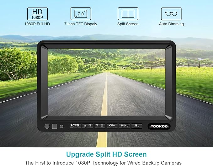 Fookoo Ⅱ 7" HD 1080P Wired Backup Camera System, 7-inch Dual Split Screen Monitor W/Recording IP69 Waterproof Front View Rear View Camera Parking Lines for Truck/Trailer/RV/Skid Steer (FHD2)