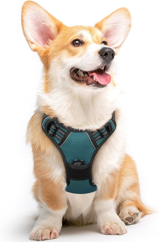 Eagloo Dog Harness Medium Sized Dog, No Pull Service Vest with Reflective Strips and Control Handle, Adjustable and Comfortable for Easy Walking, No Choke Pet Harness with 2 Metal Rings, Dark Green, M