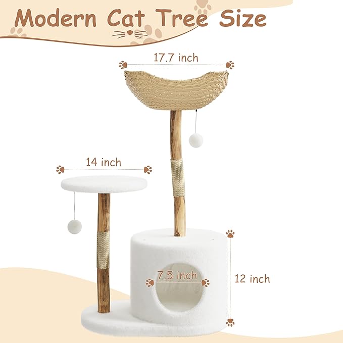 Modern Wood Cat Tree Tower for Large Cats | Luxury Solid Pear Wood Condo with Platforms, Scratching Posts & All-Season Mats, 43" Aesthetic Cat Furniture, 1 Branch