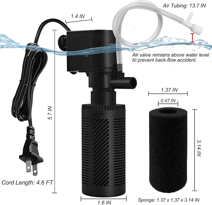 DOMICA Small Aquarium Filter with Aeration System 92GPH 5W Internal Filter for 3 to 10 Gallons Fish Tank, Submersible Fish Tank Filter with 4-pack Pre-filter Sponge