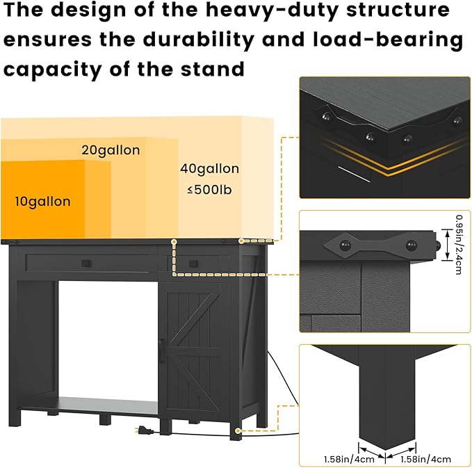 40 Gallon Aquarium Stand With Charging Station, Farmhouse Fish Tank Stand, Reptile Tank Stand Terrarium Stand with Drawer and Cabinet Storage, Sturdy Heavy Duty 41.9"×18.3" Tabletop - Black
