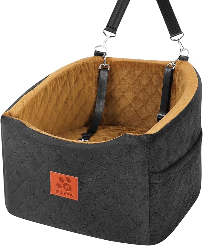 Dog Car Seat for Small Medium Dogs, Memory Foam Booster Car Seat for Dogs up to 35 lbs, Elevated Pet Car Seat, Travel Bed with Washable Removable Cover and Storage Pockets (Black/Coffee)