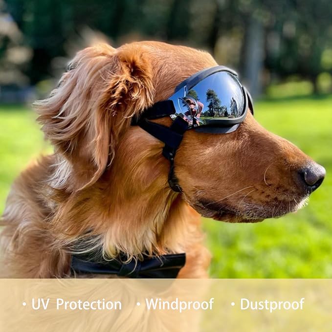 Dog Sunglasses for Large and Medium Breed, Dog Goggles for Large Dogs, Sun Protection, Windproof, Waterproof, Dustproof and Anti-Fog with Adjustable Strap for Driving, Motorcycle, Black