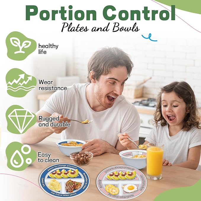 4 Pcs Portion Control Plates & Bowls Set (2 Plates + 2 Bowls, 9 Inch) - Self-Measuring for Weight Loss, Gastric Bypass, LapBand, Diabetes & Healthy Diets, Pink & Blue, for Adults & Children