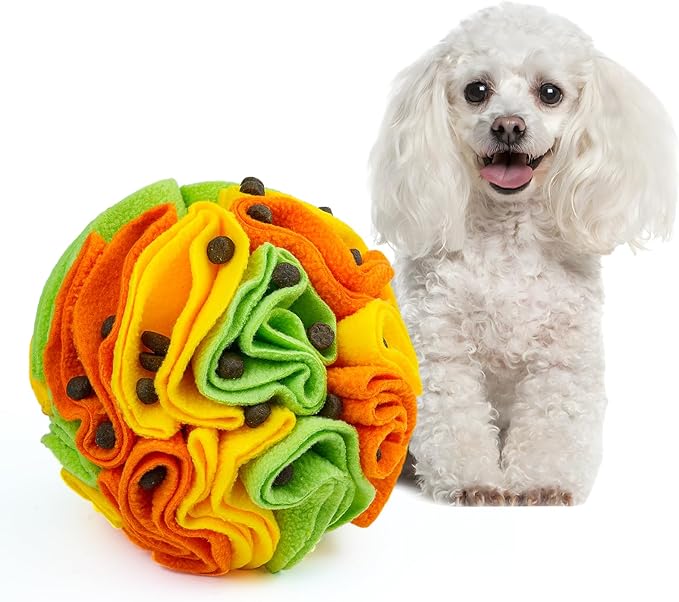 Pet Snuffle Ball, Puzzle Sniffing Interactive Dog Ball for Blind Dogs Training Stress Relief Dog Enrichment Toys Treat Machine Washable (15cm, Yellow Orange Green)