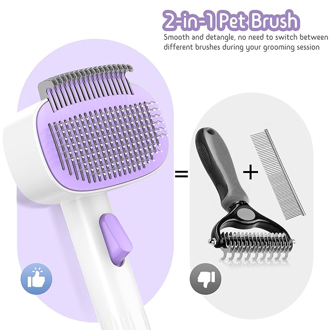 Self Cleaning Slicker Brush, 2-in-1 Cat Brush for Shedding, Skin Friendly Grooming Tool for Long & Medium-Long Hair Pets, Adjustable Bristle Length with Dematting Comb for Cats, Dogs (Purple)