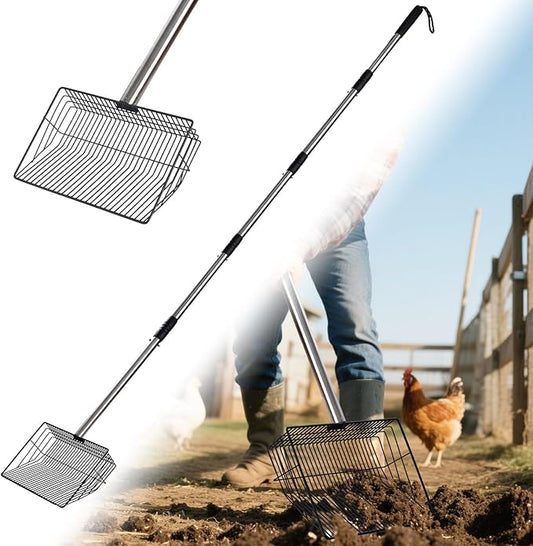 10inch Large Metal Chicken Poop Scooper,32 to 67" Adjustable Long Chicken Coop Litter Scoop,Heavy Duty Sifting Shovel for Chicken Coop & Pet Waste Cleaning