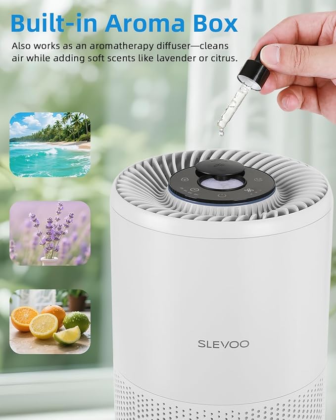 SLEVOO Air Purifier for Home Bedroom up to 1015 ft², Allergies Pet Hair, 3-in-1 Filter with hepa Air Purifier, Ultra Quiet 24 DB Sleep Mode,Aromatherapy,clean for Allergies,Pollutants,Smoke （White）