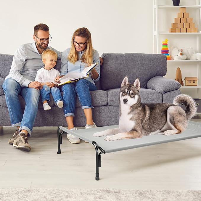 Veehoo Outdoor Elevated Dog Bed, Raised Dog Cot for Large Dogs, Cooling Washable Waterproof Pet Hammock Beds with Slope Headrest, Breathable Mesh and Sturdy Frame, Large, Grey, CWC2204