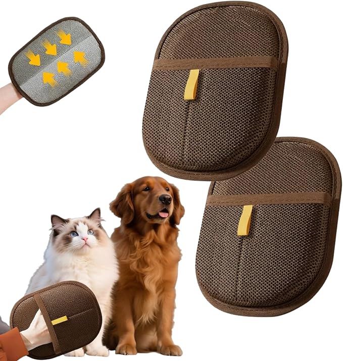 2Pcs Pet Hair Removal Gloves for Dogs and Cats, 2025 Upgraded Electrostatic Magic Hair Remover Glove,Reusable for Couch, Car Seat, Clothing, Carpet, Furniture & Bed Sheets(Brown)