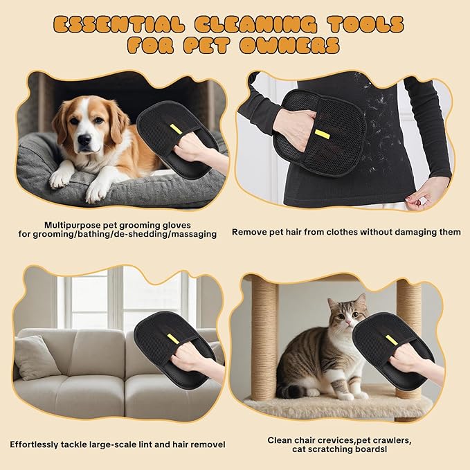 Pet Hair Removal Gloves for Cats & Dogs – Reusable Grooming Glove with Static Charge to Remove Fur from Furniture, Carpet, Car Seats & Clothes – Upgraded Pet Hair Remover Mitt(2PCS)