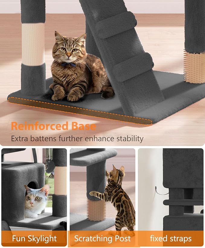 54" Cat Tree Tower for Indoor Cats Large Adult,Cute/Tall Modern Cat Tree for Big Cats 20 lbs, Plush Multi-Level Cat Condo with Scratching Posts,Hammock, Dangling Ball (Smoky Gray, 54 inch)