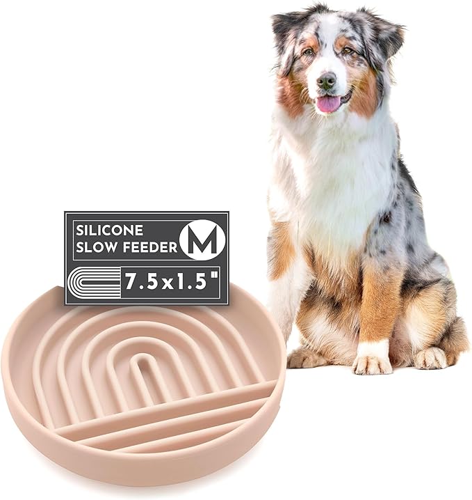 The Slowdown Bowl Silicone Slow Feeder for Dogs & Puppies, Slow Eating, Modern Lick Mat Design, Reduces Gulping, Fits 2 Cups 7.5” Across x 1.5” Tall, Mealtime Challenge, Medium-Tan
