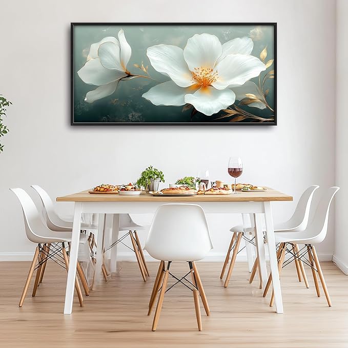 Large White Floral Wall Art for Living Room, Flower Canvas Oversized Wall Decor, Aesthetics Framed Pictures Painting Print Artwork for Bedroom Office 60L" x 30W"