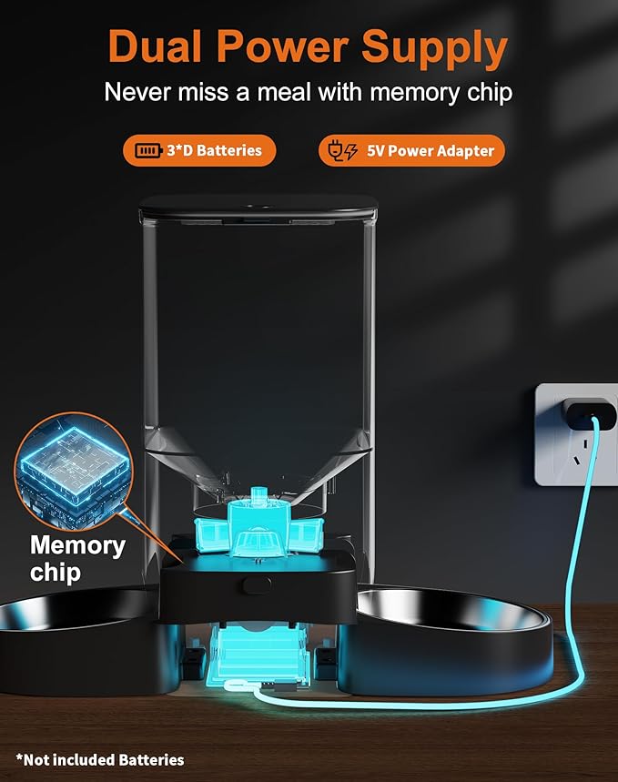 HoneyGuaridan 5L Automatic Cat Feeder for Two Cats, 5G WiFi Smart Feed Pet Feeder with Stainless Steel Bowl,APP Control Dispenser, Dual Power Supply,Desiccant Bag,10s Meal Call Black