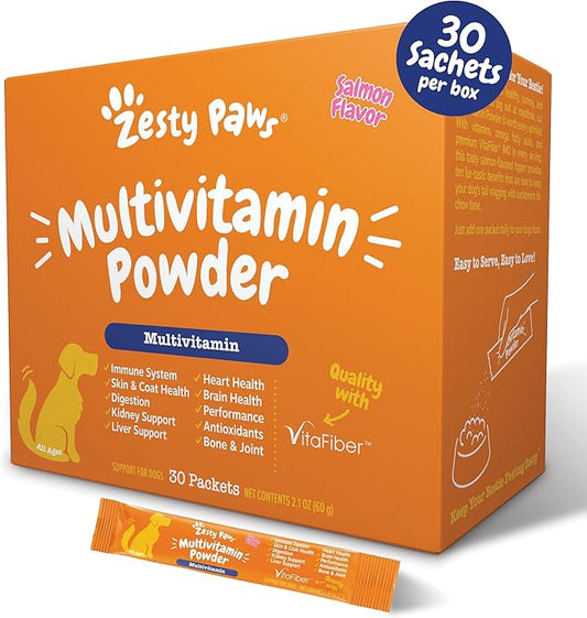 Zesty Paws 10-in-1 Dog Multivitamin Powder - Gut, Immune, Joint, Skin & Coat Support, and More - Dog Vitamins and Supplements Powder - Pet Supplements with Omega Fish Oil & VitaFiber - Salmon - 30 Ct