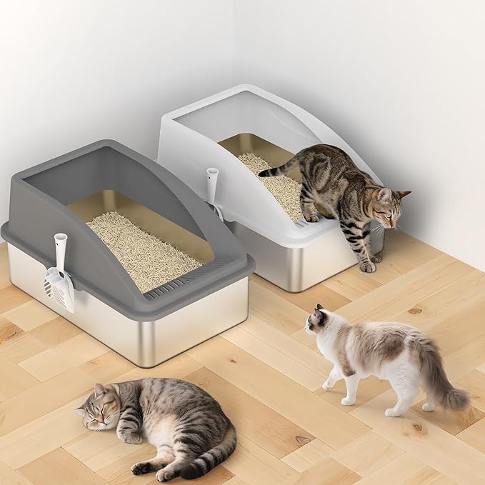 2 Pack Stainless Steel Litter Box | XL Enclosed Cat Litter Boxes with Lid for Big Cats and Multi-Cats | High Sided, Anti-Urine Leakage | Non-Stick Bottom（Multi-Colored）