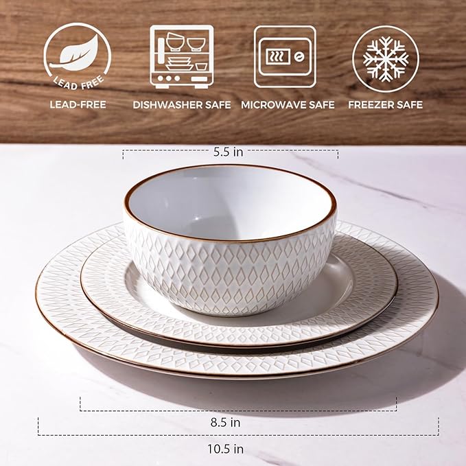 GBHOME Ceramic Dinnerware Sets,18 pcs Embossed Elegant Stoneware Plates and Bowls Sets, Housewarming Wedding Gift | Dishwasher & Microwave Safe | Dishes Set Service for 6
