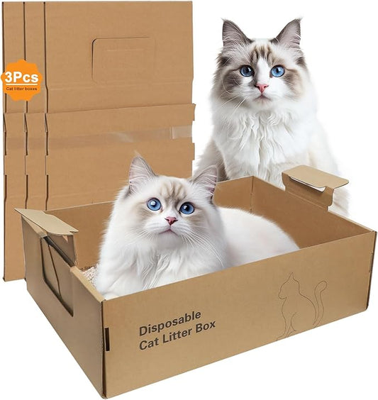 3-Pack Disposable Litter Boxes for Cats,Disposable 100% Renewable Cardboard Foldable Litter Boxes,Large-Capacity Portable Cardboard Cat Litter Box,Waterproof Travel Litter Box,17.2'' x 12.2'' x 5.3''