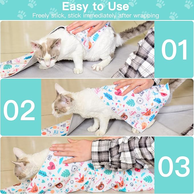 17.7" Cat Grooming Wrap, Cat Wrap for Cutting Nails, Self-Adherent Fabric Wrap for Cats, Cat Burrito Wrap Anti-Scratch, Anti-Escape, Multifunctional Swaddle Wrap Pet Tool (Funny Bear, Medium)