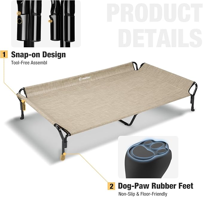 Veehoo Cooling Elevated Dog Bed, Guardrail Raised Pet Cot, Indoor & Outdoor XXL Pet Bed with Washable & Breathable Teslin Mesh, Non-Slip Feet, Dog Couch Bed, 62.5" x 37", Beige Coffee