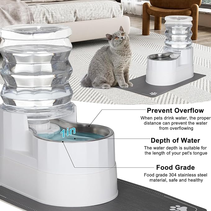 Sfozstra Automatic Gravity Water Dispenser: 5L White Stainless Steel Pet Bowl Waterer with Waterproof Pad - Raised Edge Water Feeder for Cats & Small Dogs Indoor/Outdoor