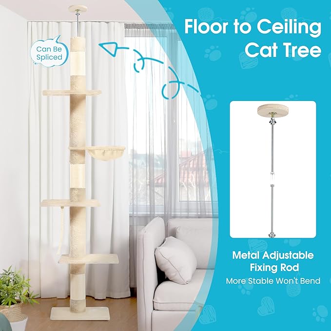 Cat Tree 5-Tier Floor to Ceiling, 89-109 Inch Adjustable Height Cat Tower with Cozy Hammock, Cat Climbing Tree for Indoor Cats, Beige
