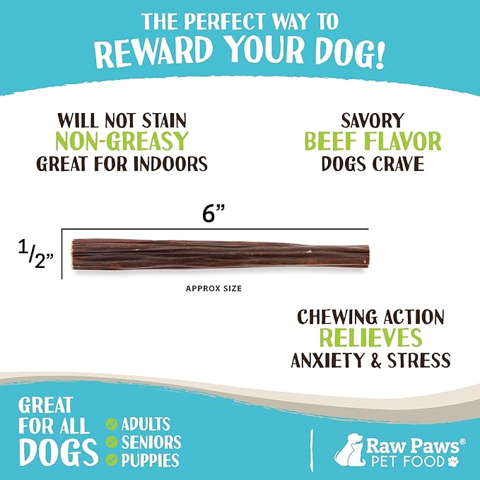 Raw Paws Beef Gullet Sticks for Dogs, 6-inch (10 Pack) - Free-Range Cows Raised Without Antibiotics or Added Hormones - Gullet Sticks for Small to Large Dogs - Beef Esophagus Dog Treats