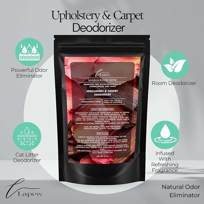 Sandalwood Rose Carpet Freshener Powder: Powerful Odor Eliminator for Home, Upholstery Deodorizer, Carpet Deodorizer, Pet Urine, Cat Litter Box - Sandalwood Rose Fragrance.