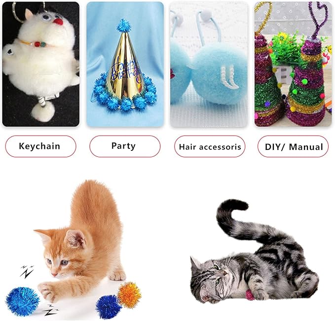 20 Pack 2 Inches Sparkle Balls for Cats, Large Size, Glitter Pom Poms Fuzzy Balls for Cats, Kitten Indoor Assorted Color Random