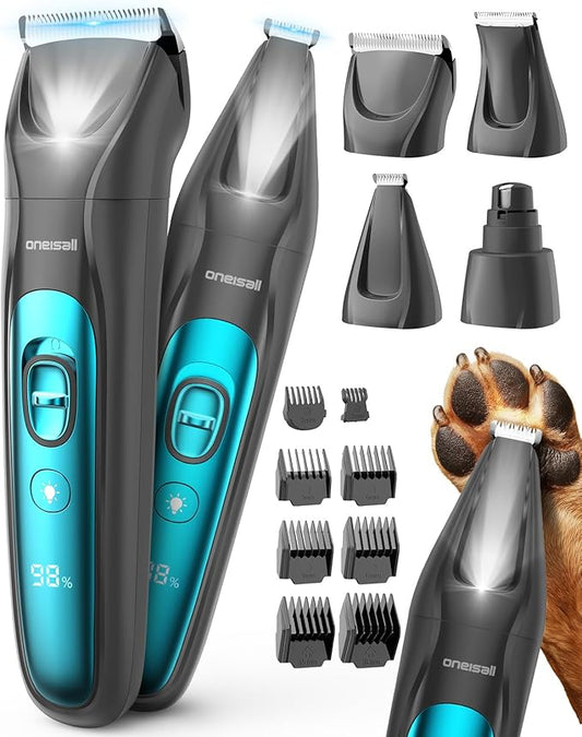 oneisall Quiet Dog Clippers for Grooming LED Light, Cordless Dog Grooming Kit 4 in 1, 2000mAh Pet Clippers Paw Trimmer Nail Grinder for Paw, Nail, Face, Ears, Legs, Body