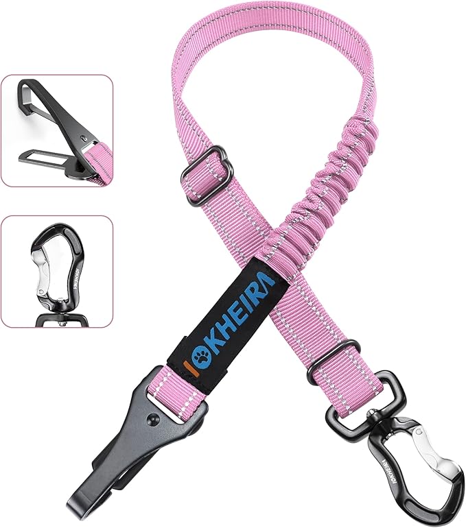 IOKHEIRA Dog Seatbelt - Adjustable Reflective Bungee Harness with Aluminum Swivel Carabiner